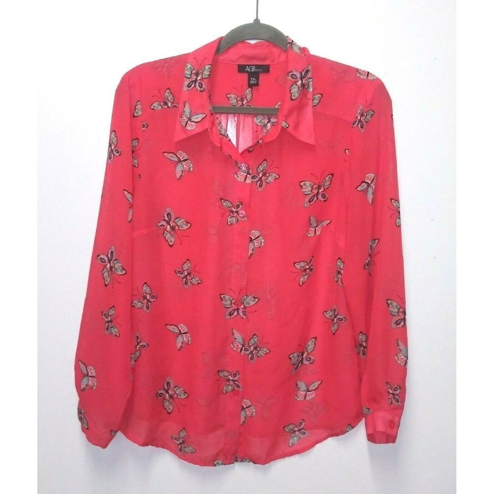 Womens BUTTERFLY print Top PXL sheer Novelty Coral pink teal AGB Collar Long sle
